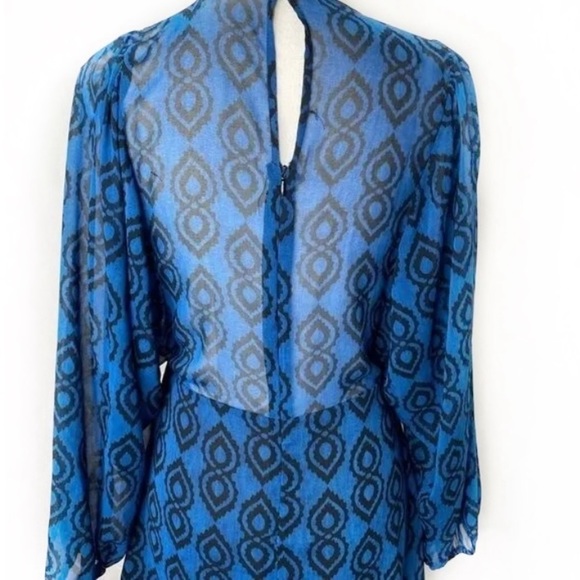 ZARA Royal Blue Black Pattern Mini Dress Long Sleeves Lined Sheer Edgy Vacation - Picture 3 of 9